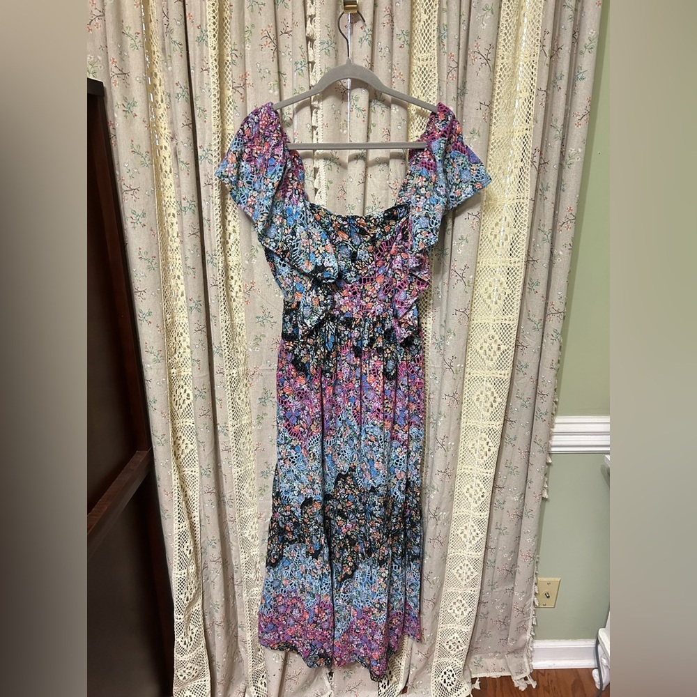 Anthropologie‎ Embroidered Lace Midi Dress Size M Floral Smocked Back